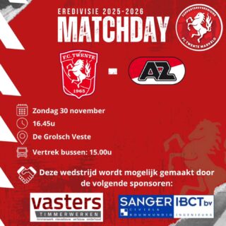 Morgenmiddag naar de Grolsch Veste voor de thuiswedstrijd tegen AZ! 💪🏻

De wedstrijdsponsoren zijn Vasters Timmerwerken en Sänger IBCT.