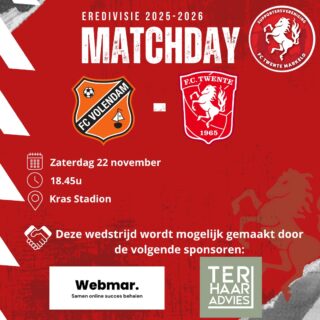Vanavond speelt FC Twente de uitwedstrijd tegen FC Volendam! 💪🏻

De wedstrijdsponsoren zijn 
WebMar en Ter Haar Advies.