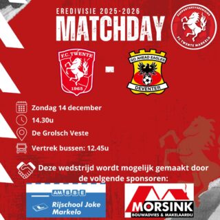 Morgenmiddag speelt FC Twente de laatste thuiswedstrijd van 2025 tegen Go Ahead Eagles!💪🏻

De terugweg zal er in de bussen gecollecteerd worden voor de jaarlijkse December Donatie. 

De wedstrijdsponsoren zijn 
Rijschool Joke en @morsinkmakelaar