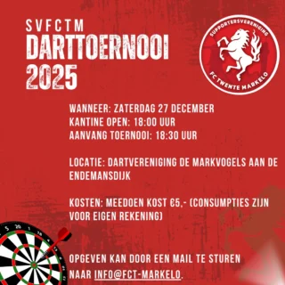 Komende zaterdag vindt het jaarlijkse darttoernooi van de SVFCTM plaats! De inschrijvingen lopen al aardig vol, maar er is nog plek voor enkele deelnemers.

Inschrijven kan eenvoudig door een e-mail te sturen naar info@fct-markelo.nl.

Net als voorgaande jaren vindt het toernooi plaats bij Dartvereniging De Markvogels aan de Endemansdijk. De kantine is open vanaf 18.00 uur en om 18.30 uur beginnen we met de eerste wedstrijden.

Deelname kost €5,- (consumpties zijn voor eigen rekening).

Uiteraard is iedereen die alleen wil komen kijken en een biertje wil drinken ook van harte welkom in de kantine van De Markvogels.