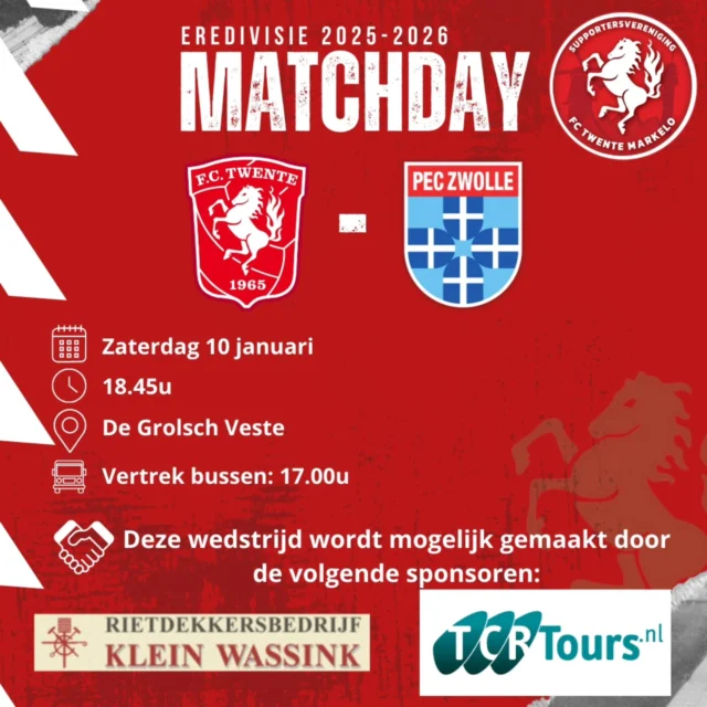 Morgenavond de eerste wedstrijd van 2026 thuis tegen PEC Zwolle!💪🏻❄️

De wedstrijdsponsoren zijn Rietdekkersbedrijf Klein Wassink en @tcrtours