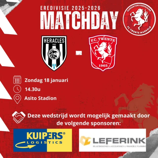 It's Derby Time! Vanmiddag speelt FC Twente de uitwedstrijd tegen Heracles Almelo!💪🏻

De wedstrijdsponsoren zijn @kuipers_logistics en Leferink Adviseurs.