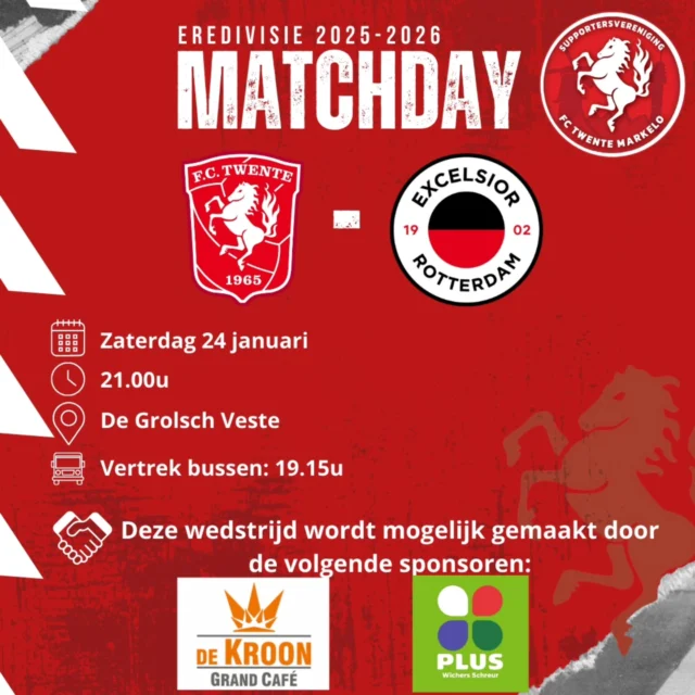 Vanavond staat voor FC Twente de thuiswedstrijd tegen Excelsior op het programma!💪🏻

De wedstrijdsponsoren zijn @grandcafedekroonmarkelo en @pluswichersschreur

Voor vertrek is er in het café bij De Kroon opnieuw de mogelijkheid om de SVFCTM-jassen (maat S t/m XXL) te passen en te bestellen. De kosten voor deze jas bedragen €60,- per stuk.