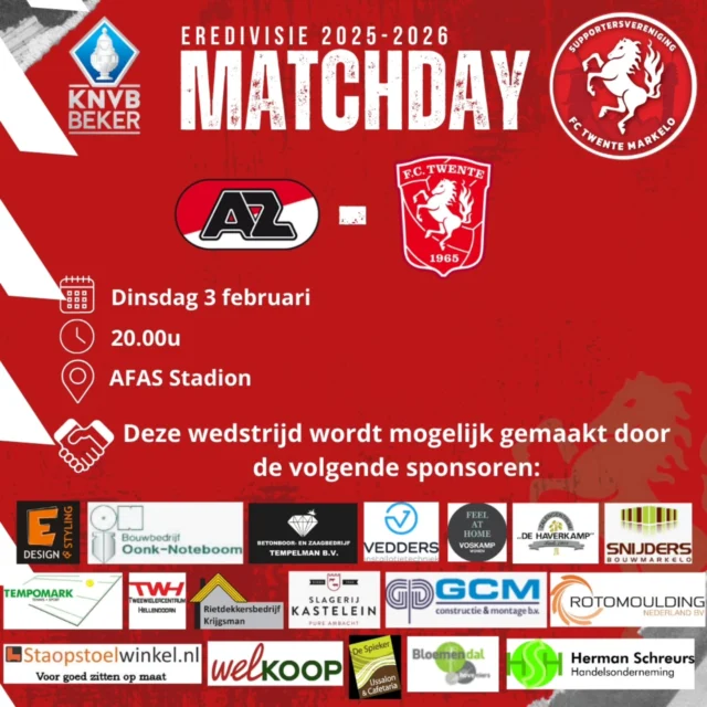 Matchday! Vanavond de kwartfinale van de KNVB beker uit tegen AZ!💪🏻

Voor deze speciale wedstrijd willen we graag meerdere wedstrijdsponsoren uitlichten.