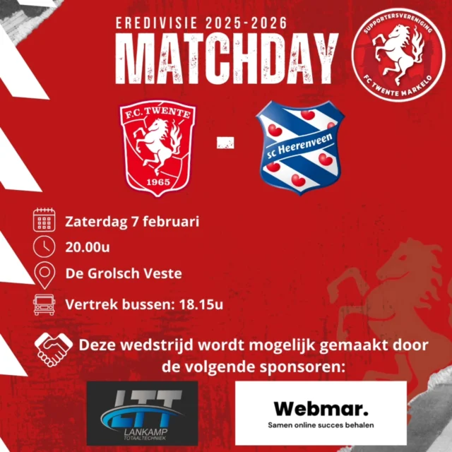 Vanavond de thuiswedstrijd tegen SC Heerenveen. Tijd voor 3 punten!💪🏻

De wedstrijdsponsoren zijn Lankamp Totaal Techniek en @webmar.nl

Voor vertrek is er in het café bij De Kroon opnieuw de mogelijkheid om de SVFCTM-jassen (maat S t/m XXXL) te passen en te bestellen. De kosten voor deze jas bedragen €60,- per stuk.